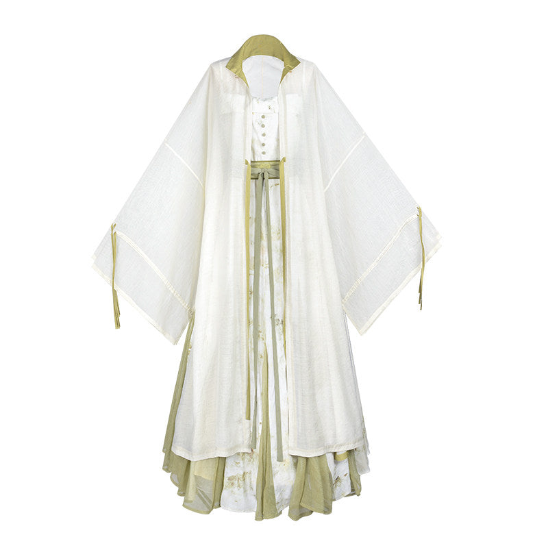 New Chinese Style Botanic Tie Dye Dress and Long Robe Hanfu Set - Qingyuan 青玉案 (Preorder)