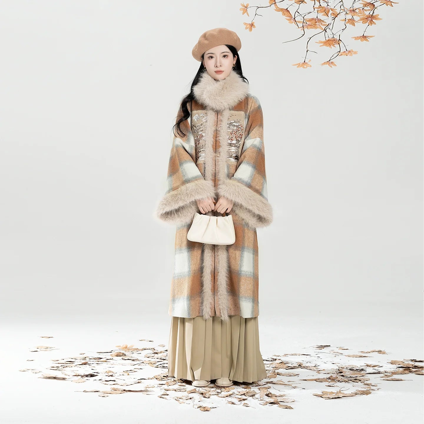 New Chinese Style Women Round-Neck Coat and Pleated Skirt - Evening Breeze and Snow 晚风欲雪 (Preorder)