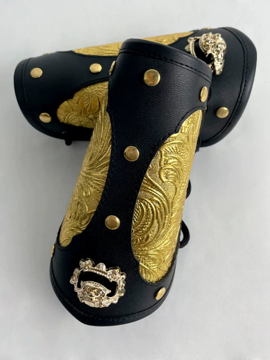 Crimson Lotus Warriors hanfu wrist guards — lotus embroidery detail