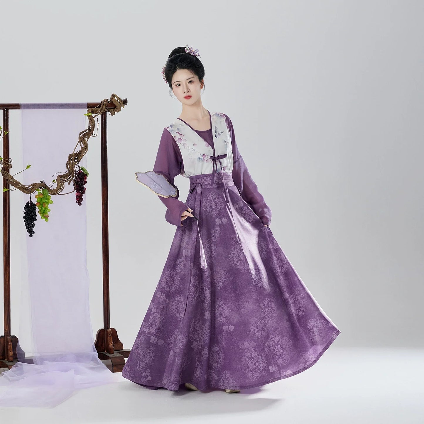 Tang Dynasty Modern Hanfu Set with Beizi Overlay & Flowing Eight-Panel Skirt - Taro Grape 紫芋葡萄 (Preorder)