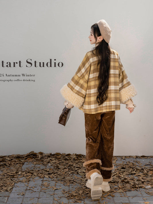 Ming Dynasty Modern Hanfu Wool Blend Plaid Jacket and Wide Leg Pants - After Class 下课后
