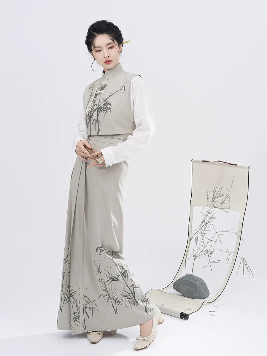 Song Dynasty Modern Hanfu Set with Majia, Long Sleeve Top and Spiral Skirt - Charming Bamboo 君竹 (Preorder)