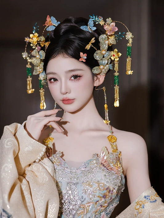 Whisper of Blue Orchids - Light Blue Butterfly Bridal Hairpin Crystal Tassel Chinese Wedding Headpiece