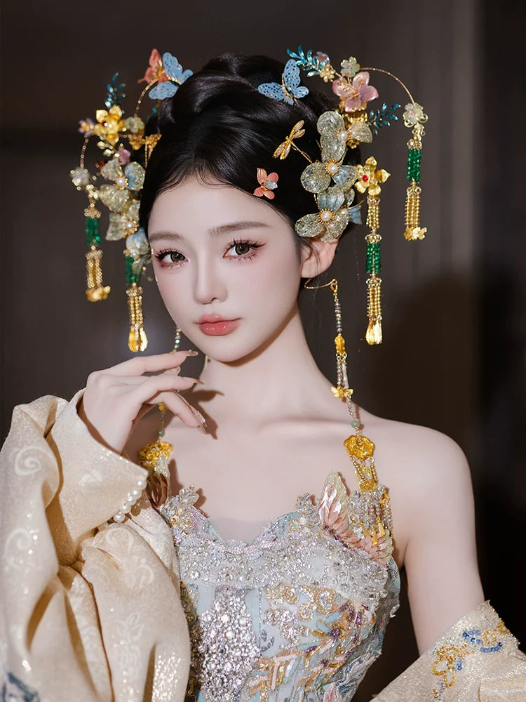 Whisper of Blue Orchids - Light Blue Butterfly Bridal Hairpin Crystal Tassel Chinese Wedding Headpiece