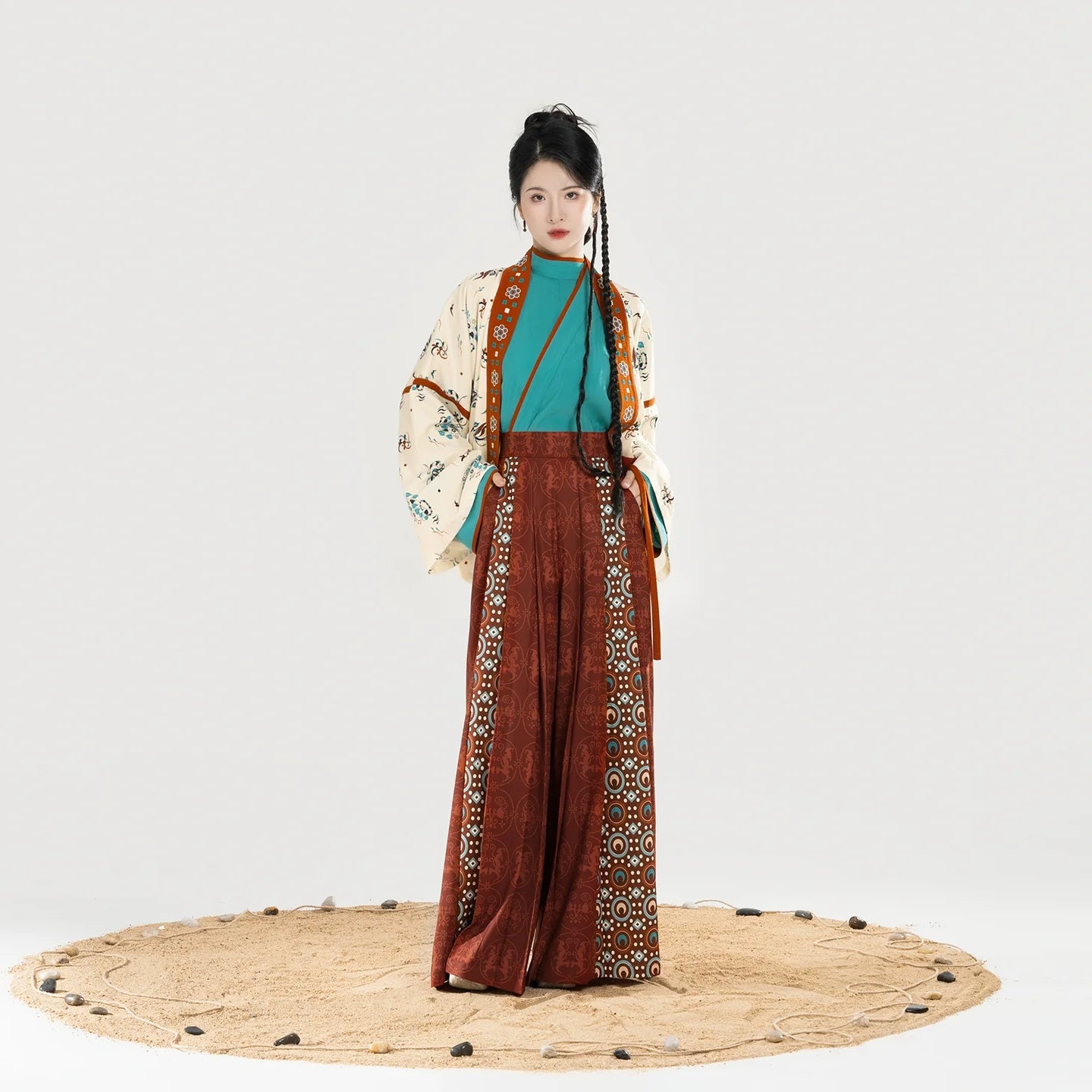 Jin Dynasty Dunhuang Style Women Hanfu Cross Collar Top, Curved Collar Top & Wide Leg Pants - Wall View 壁相观 (Preorder)