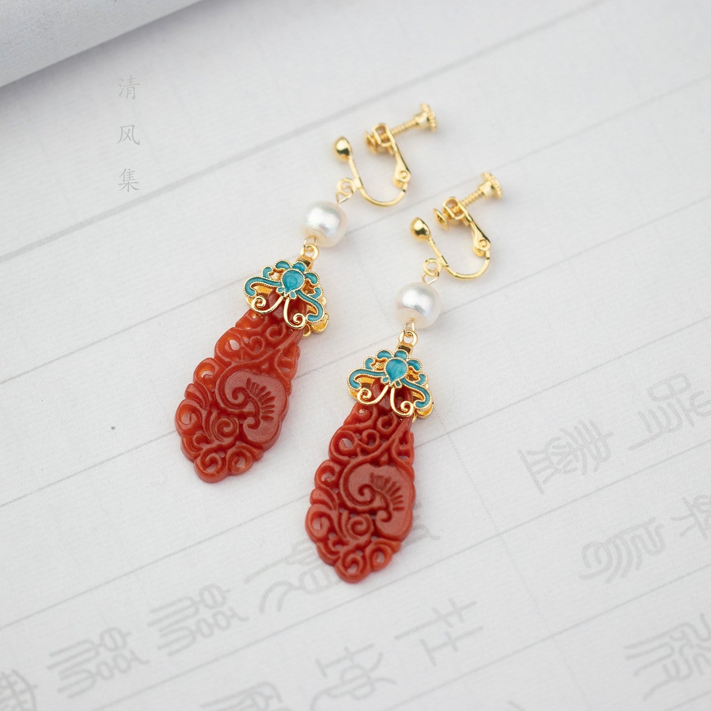 Natural Red Jade Antique Earrings | Hanfu Jewelry