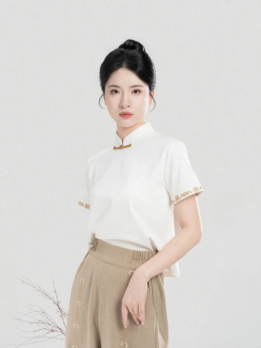 New Chinese Style Women Short Sleeve Top and Wide Leg Pants Modern Hanfu Set - Pinewood 松香木 (Preorder)