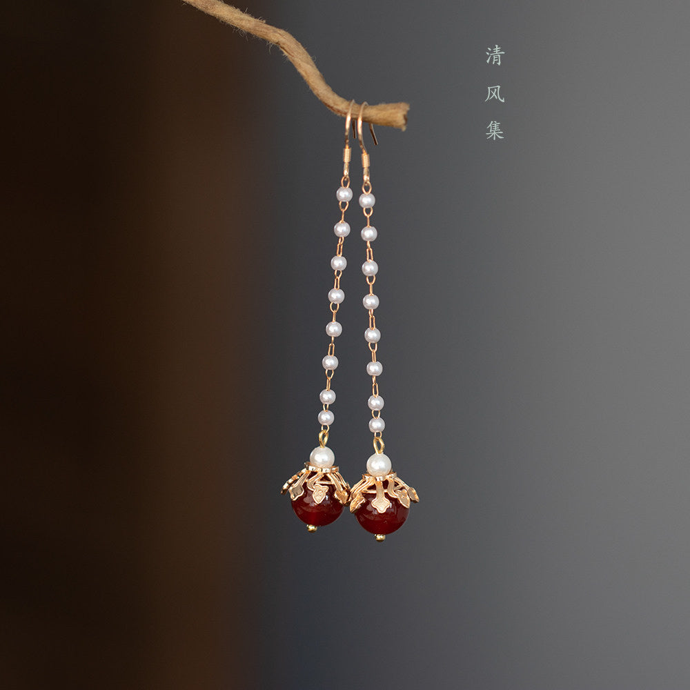Red Agate Ancient Motif Earrings | Hanfu Jewelry