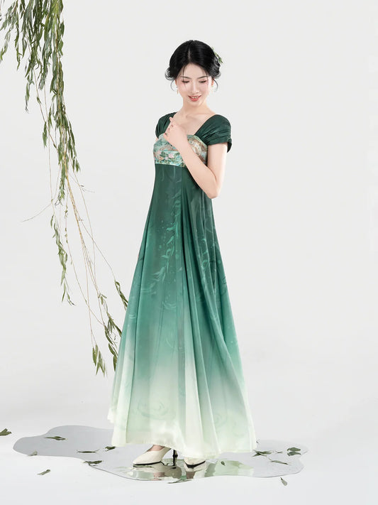 New Chinese Style Women Jiangnan Lake-Inspired Gradient Maxi Dress - Chijiao 柳池娇 (Preorder)