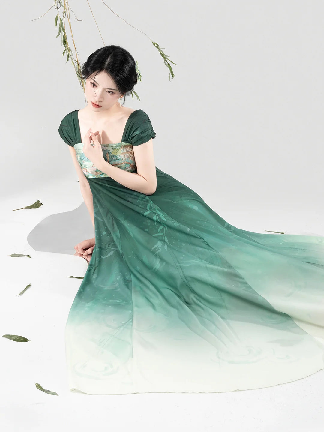 New Chinese Style Women Jiangnan Lake-Inspired Gradient Maxi Dress - Chijiao 柳池娇 (Preorder)