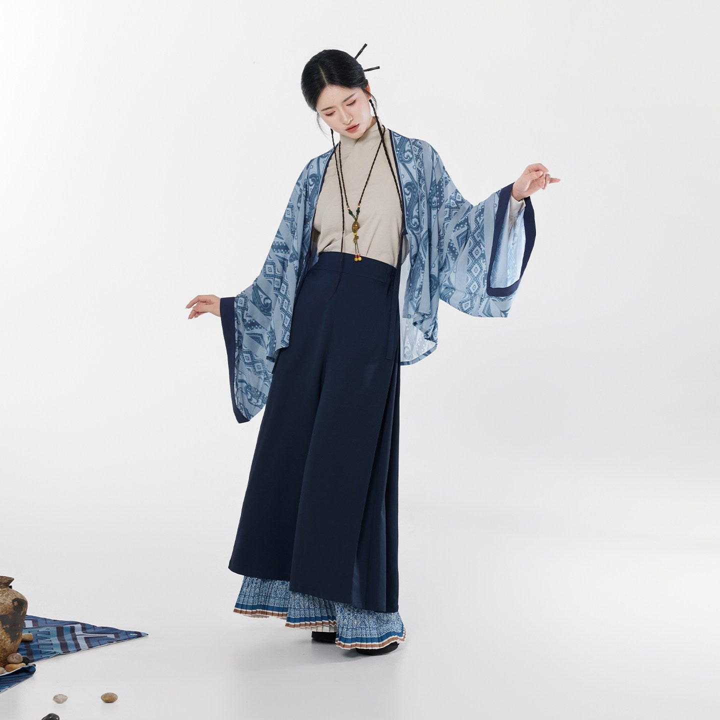 Wang Yun Shan | Modern Chinese Pleated Jacket and Wide Leg Pants Set