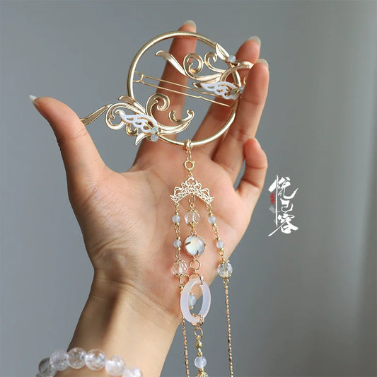 Back Hair Pin: Cold Moon - silver moon-themed traditional Chinese hanfu hair accessory, detail view