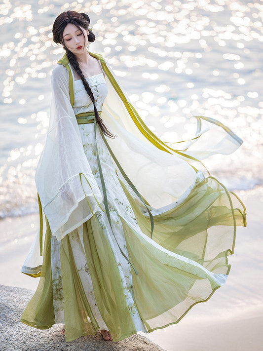 New Chinese Style Botanic Tie Dye Dress and Long Robe Hanfu Set - Qingyuan 青玉案 (Preorder)