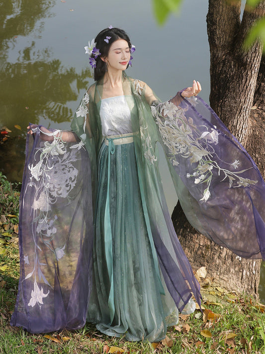 Lily of the Valley | Embroidered Hanfu Set with Wide Sleeve Cardigan and Qiyao Ruqun