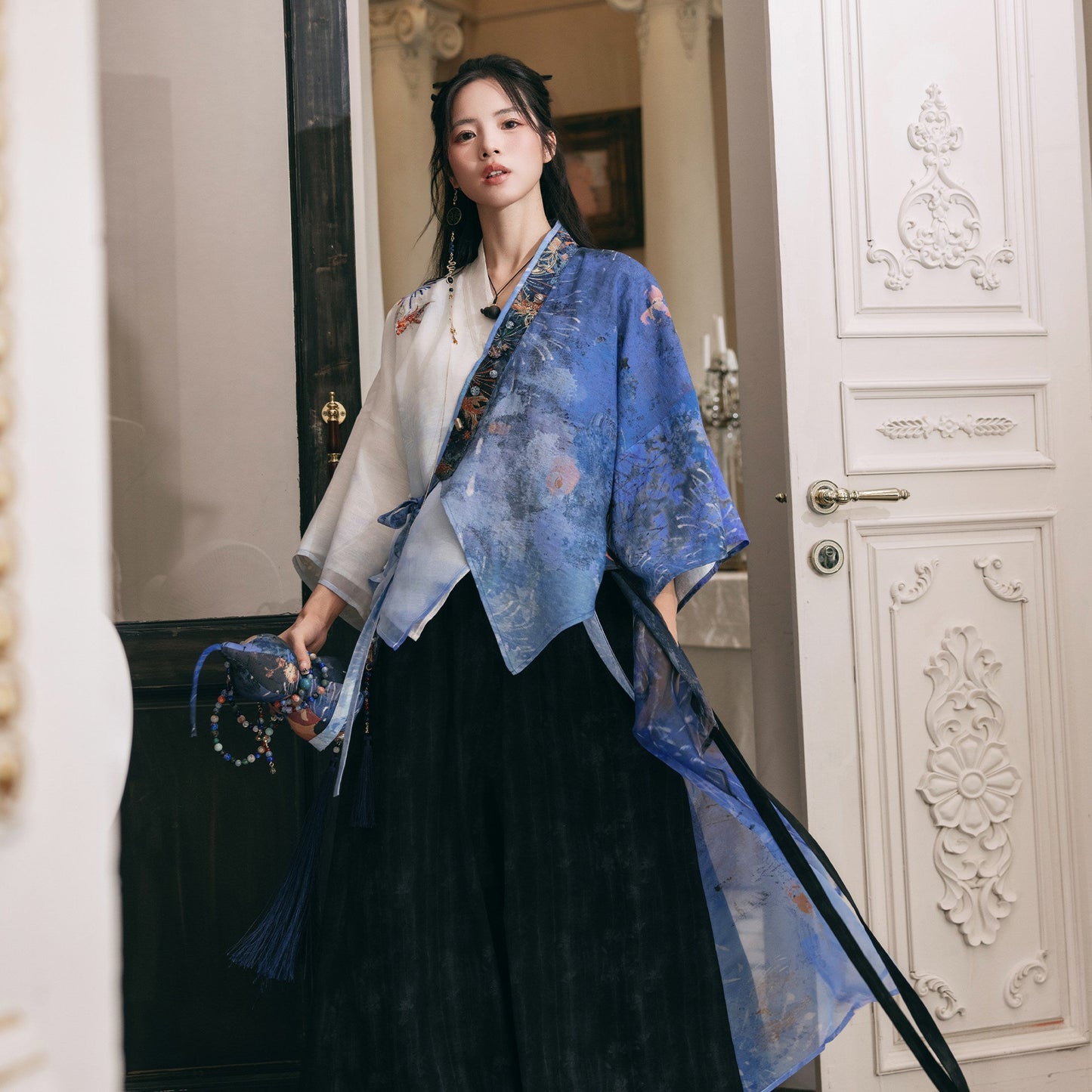 New Chinese Style Cross Collar Cardigan and Wide Leg Pants - Fish and Dragon Dance 鱼龙舞