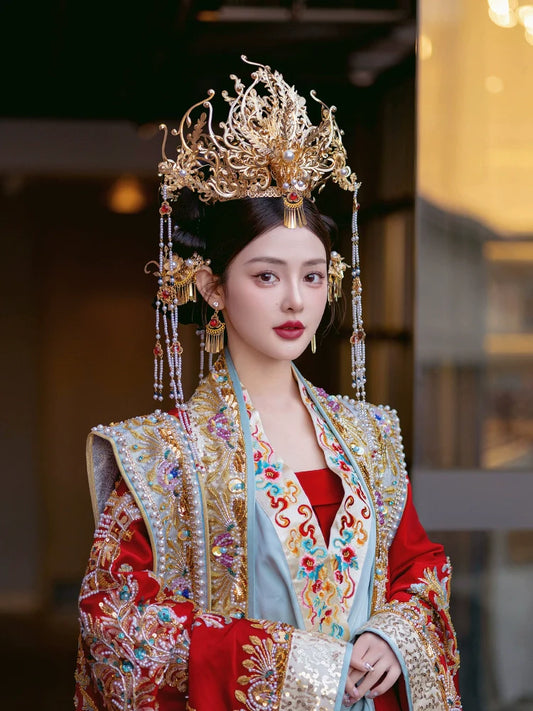 Song of the Golden Phoenix - Crown Bridal Headpiece Long Tassel Chinese Wedding Hair Accessories for Hanfu Bride