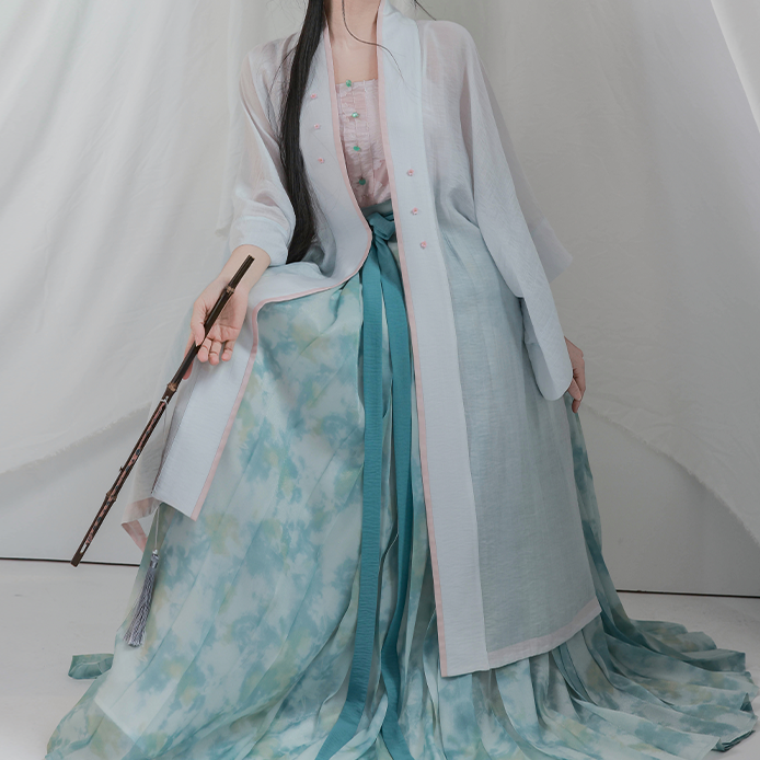 Song Dynasty Modern Hanfu Changgan Temple Cardigan and Pleated Skirt - Lotus Flowers 荷花娇 (Preorder)