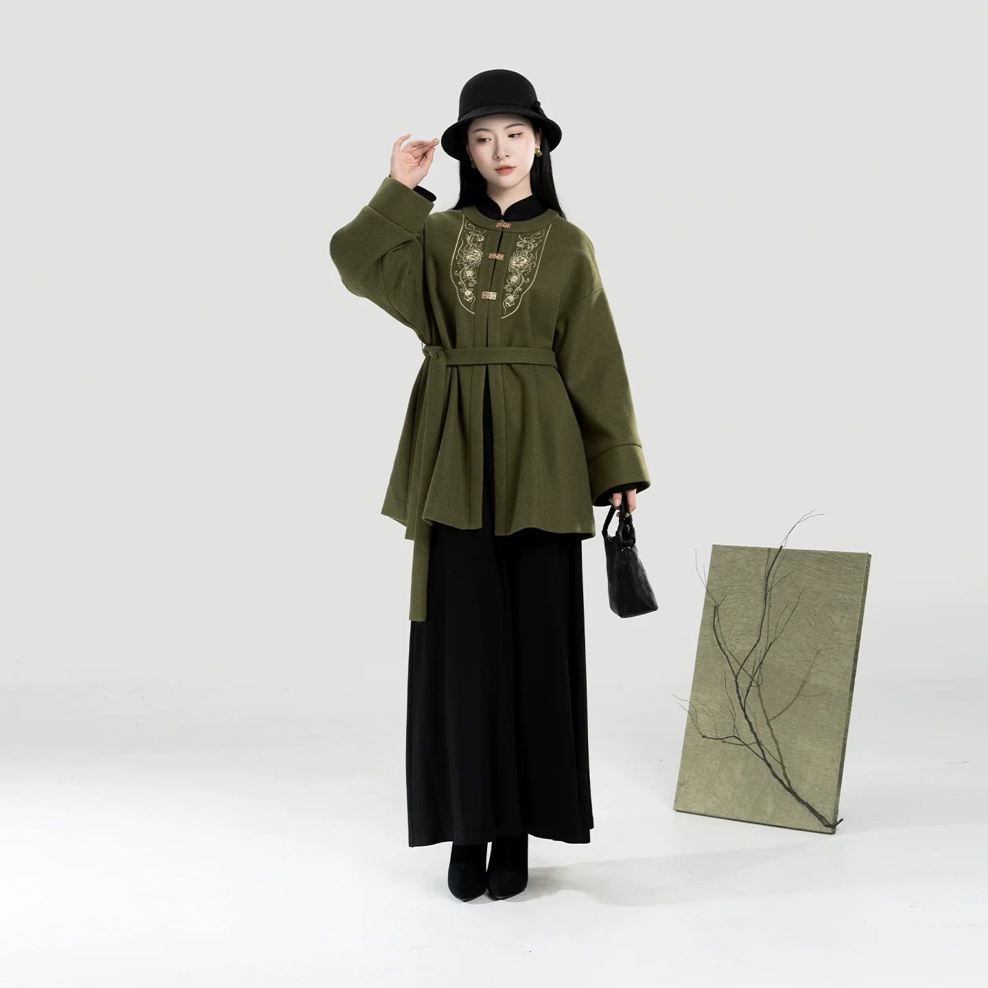 New Chinese Style Women A-Line Dress with Flared Sleeves - Moss Stone 苔石 (Preorder)