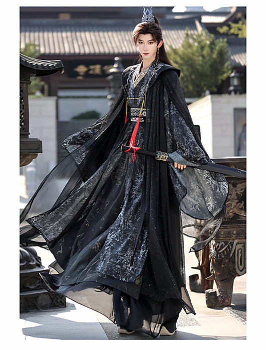 Night Ink Sovereign 夜墨青王 - Unisex Hanfu Cloak Robe in Dark Immortal Style, Song-Inspired Chinese Outfit