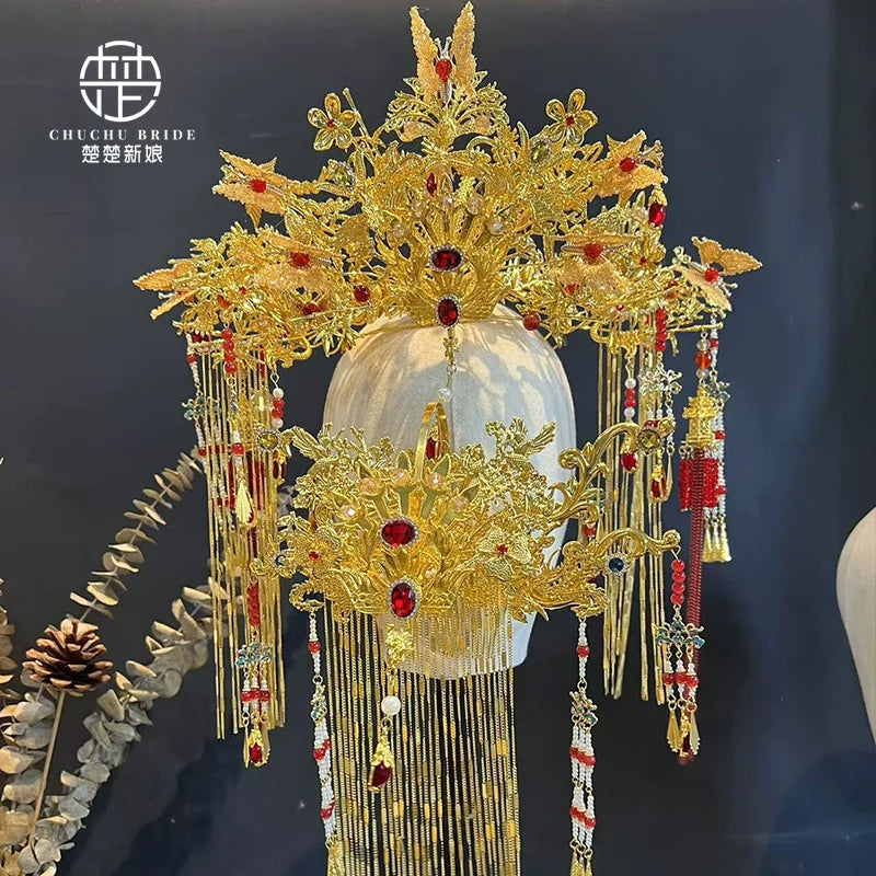 Golden Phoenix Charm - Traditional Chinese Hanfu Crown Luxury Gold Bridal Phoenix Tiara for Wedding Ceremony