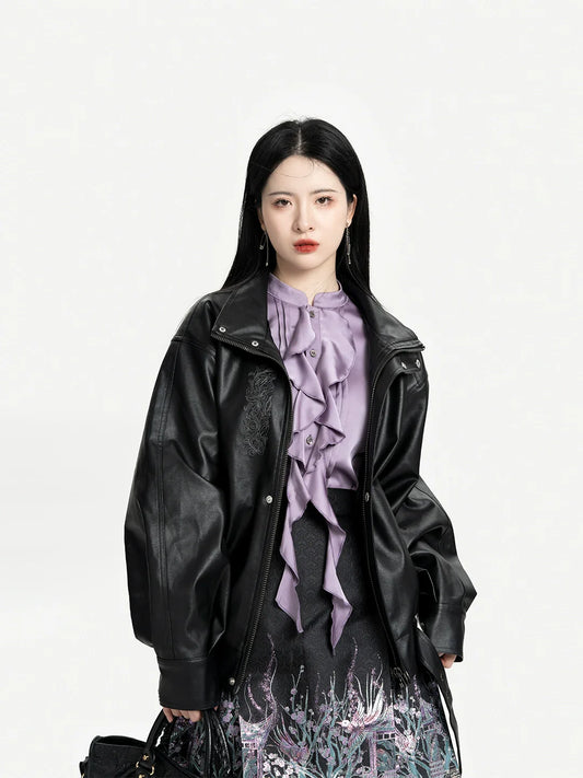 Polar Night Chinese Blouse & Mini Mamian Skirt Outfit - modern Ming-inspired hanfu, detail view