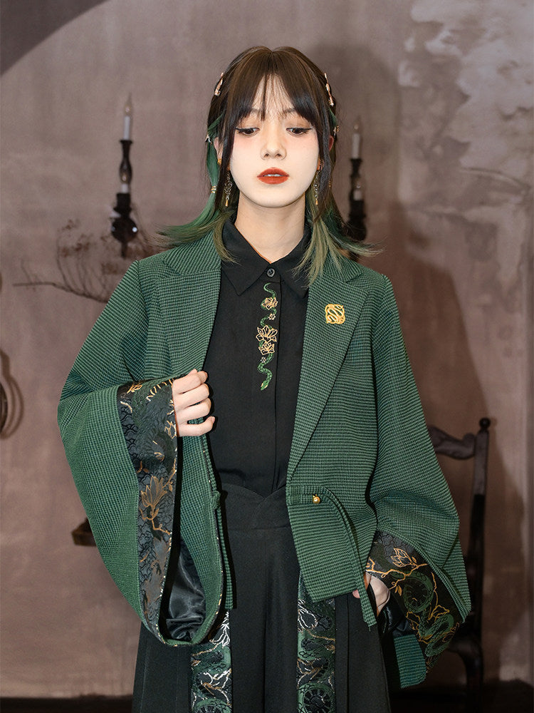New Chinese Style Wide Sleeve Green Jacket - Shengqing 升卿