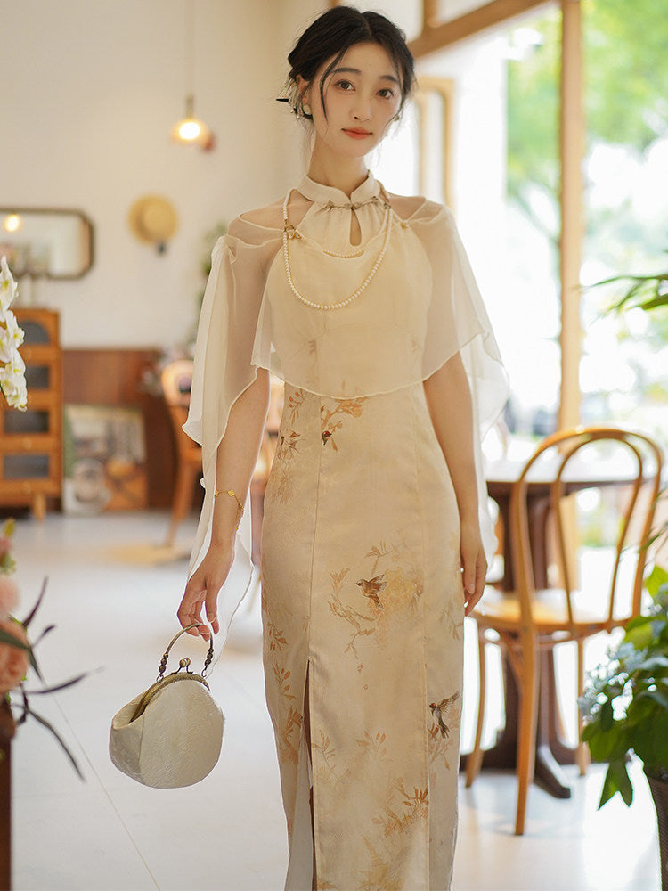 Halter Neck Long Cheongsam with Shawl | Jinzhu