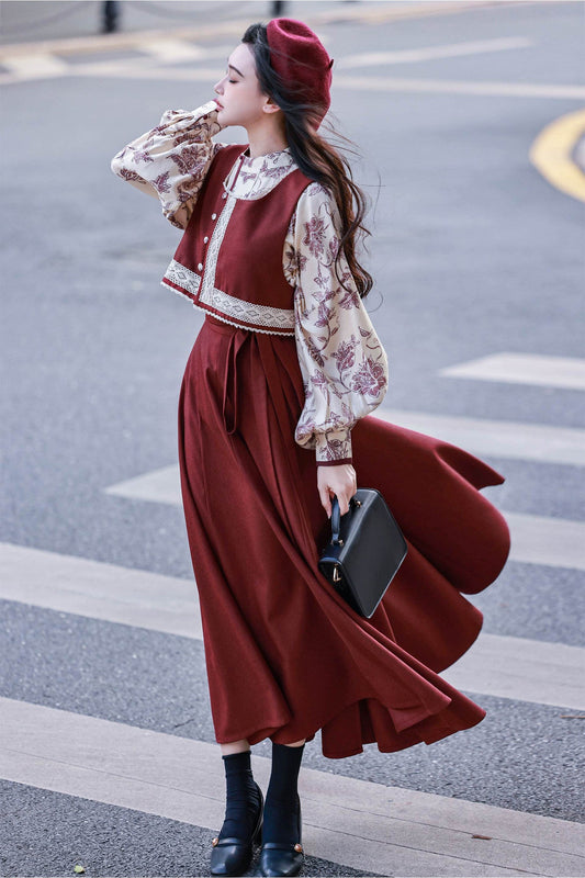 New Chinese Retro Style Long Sleeve Top and Vest with Ten Panel Wrap Skirt - Mulan 木兰 (Preorder)