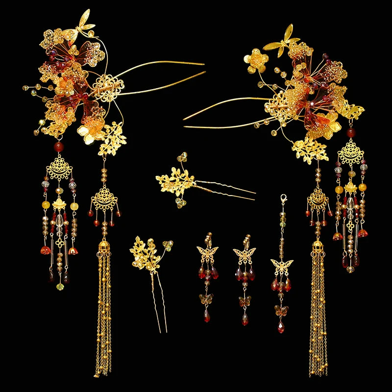 Eternal Veil - Golden Phoenix Bridal Hairpin with Forehead Pendant Chinese Wedding Headpiece