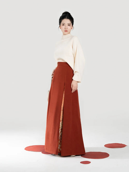 New Chinese Style Women Knit Top & Three Pleat Skirt Set - Maple Orange 枫橘 (Preorder)