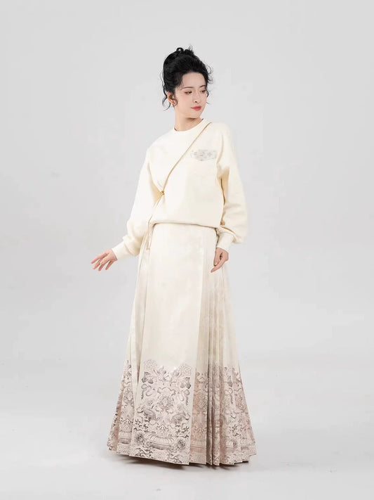 Ming Dynasty Modern Hanfu Mamianqun Outfit - Blooming Lotus 金莲宝相