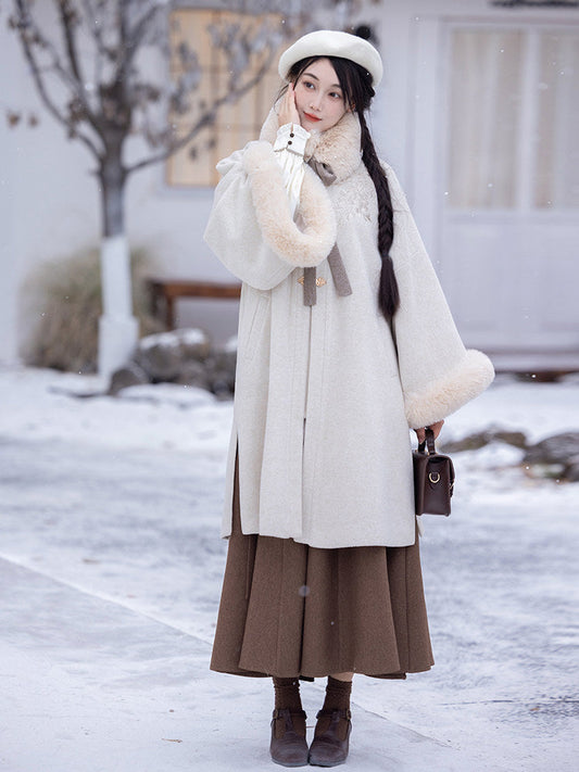 Ming Dynasty Modern Hanfu Coat and Wrap Skirt for Autumn and Winter - Cappuccino 卡布奇诺