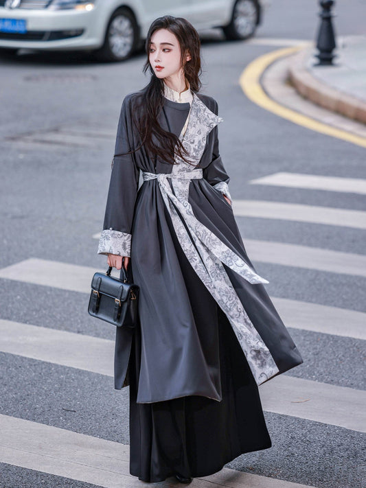 Reversible Hanfu Round Collar Robe with Black-Gray Retro Design - Autumn Rain 秋雨 (Preorder)
