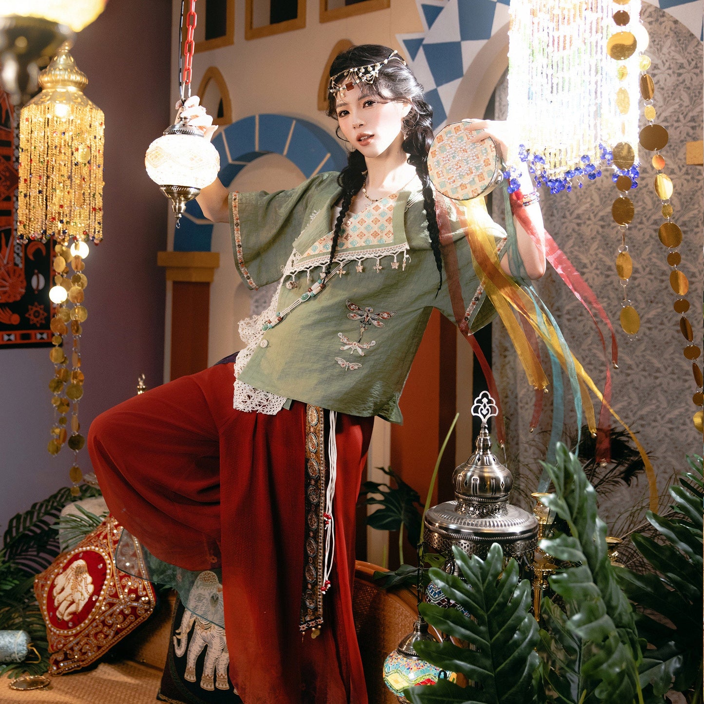 New Chinese Style Dunhuang Summer Blouse and Short Skirt Set - Linglu Sanskrit 菱路梵音