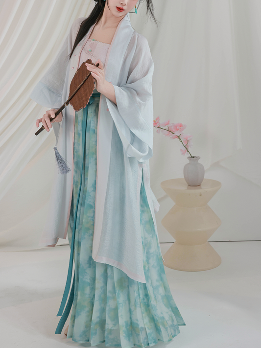 Song Dynasty Modern Hanfu Changgan Temple Cardigan and Pleated Skirt - Lotus Flowers 荷花娇 (Preorder)