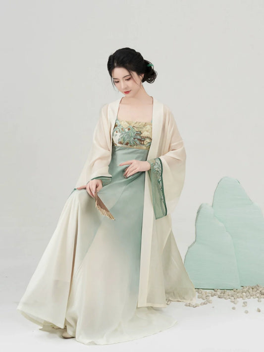 Modern Tang Dynasty Hanfu Slip Dress Set - Tranquil Mountain Path 青山行 (Preorder)