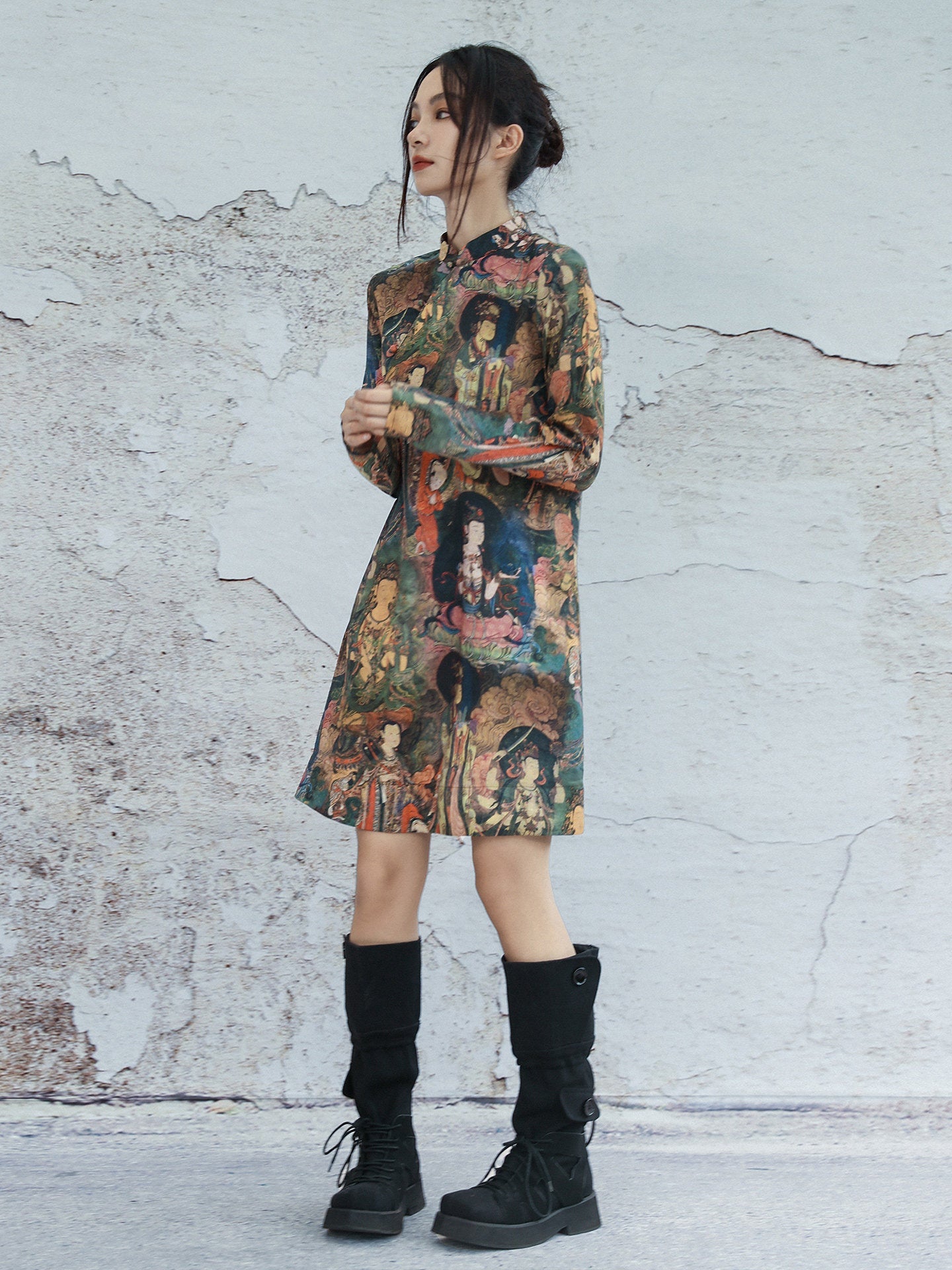 New Chinese Style Dunhuang Mural Prints Long Sleeve Cheongsam Dress