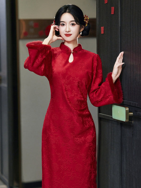 Blissful Years long sleeve Chinese wedding cheongsam qipao — detail view