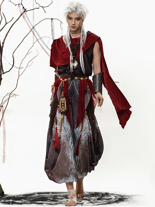 Crimson Feather - hooded sleeveless hanfu set with cloak and pants, summer martial wanderer outfit — detail view