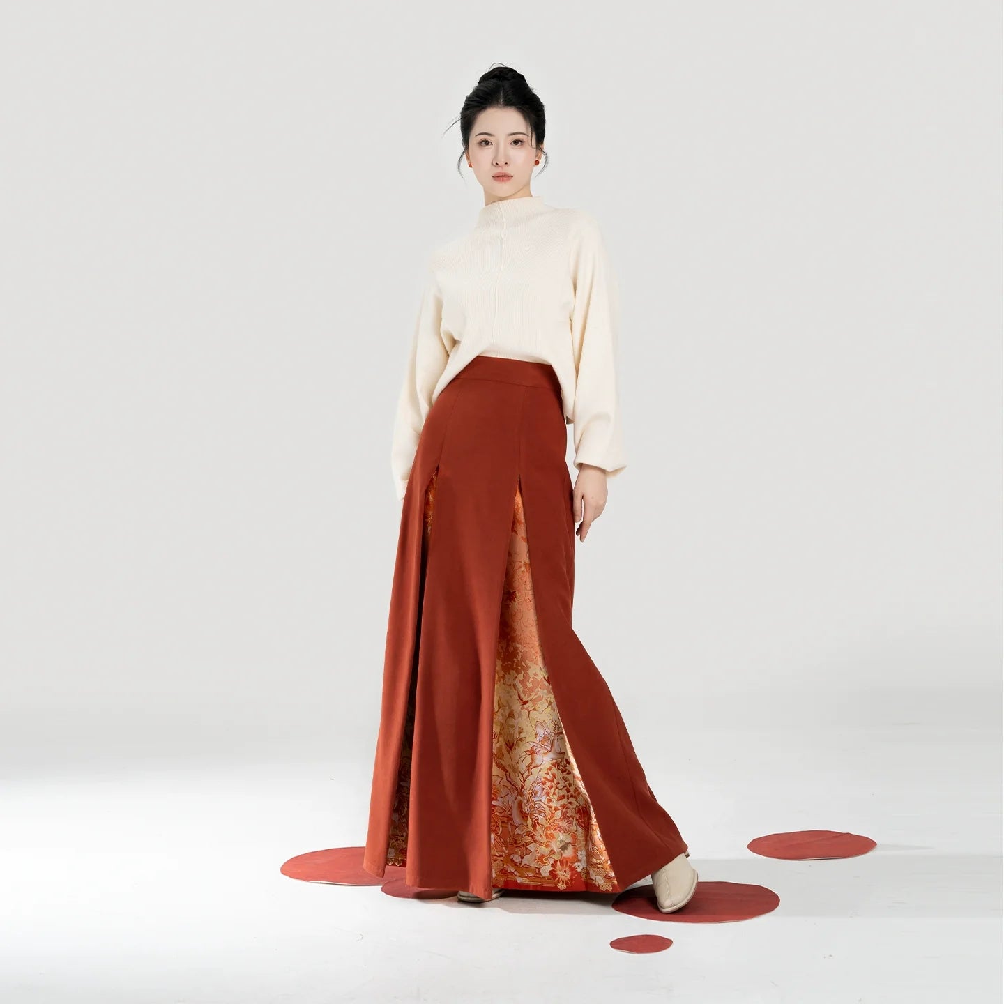 New Chinese Style Women Knit Top & Three Pleat Skirt Set - Maple Orange 枫橘 (Preorder)