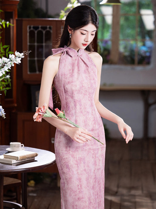 Ribbons sleeveless halter neck midi cheongsam qipao — detail view