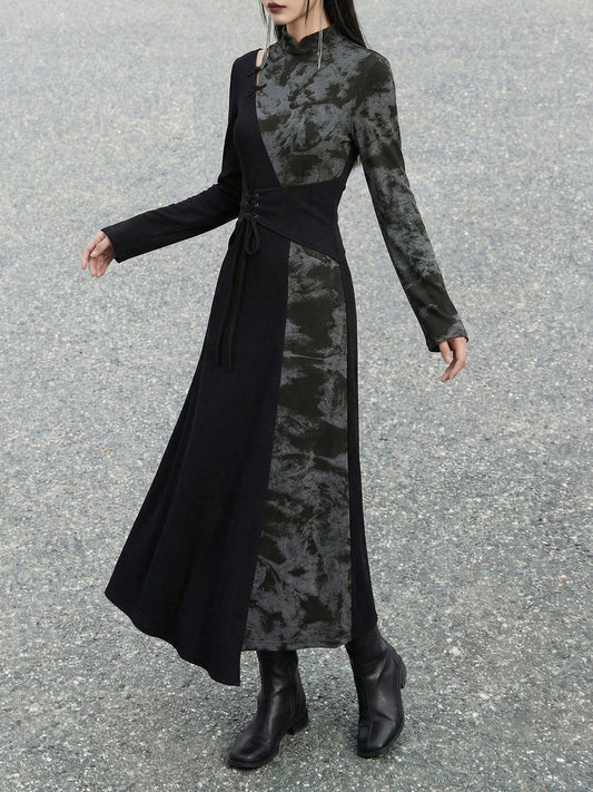 New Chinese Style Black Cotton Long Sleeve Dress (Preorder)