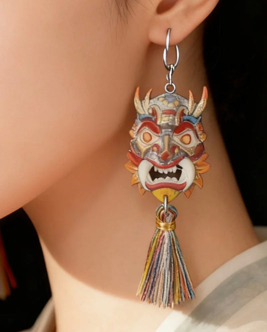 Azure Lion mask tassel earrings — ancient China jewelry