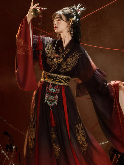 Burning Skies | Wei Jin Dynasty Nuo Opera Inspired Embroidered Hanfu