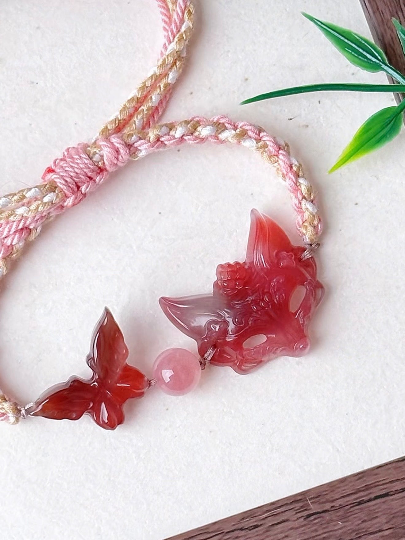 Fox Spirit and Butterfly Agate with Handwoven Adjustable Bracelet | Ancient China Jewelry