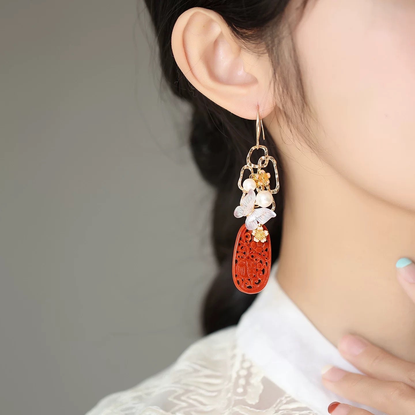 Red Jade Butterfly Tassel Earrings | Ancient China Jewelry