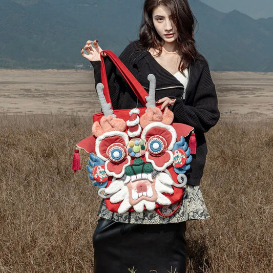 Neo Chinese Lion Mask Statement Bag in Red