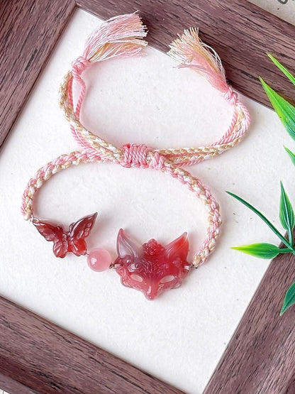 Fox Spirit and Butterfly Agate with Handwoven Adjustable Bracelet | Ancient China Jewelry