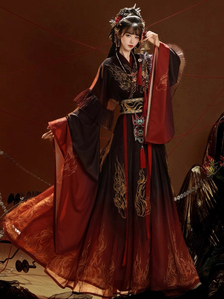 Burning Skies | Wei Jin Dynasty Nuo Opera Inspired Embroidered Hanfu