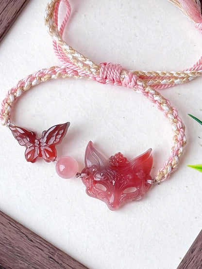 Fox Spirit and Butterfly Agate with Handwoven Adjustable Bracelet | Ancient China Jewelry